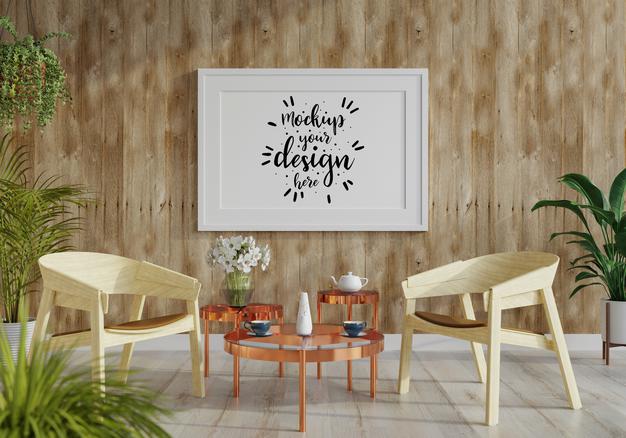 Free Poster Frame In Living Room Mockup Psd