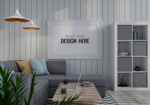 Free Poster Frame In Living Room Mockup Psd