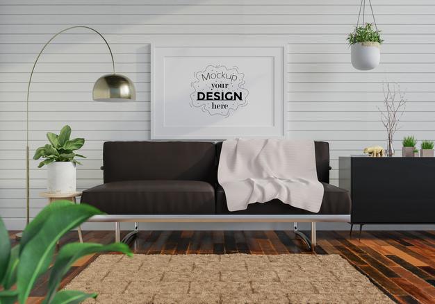 Free Poster Frame In Living Room Mockup Psd