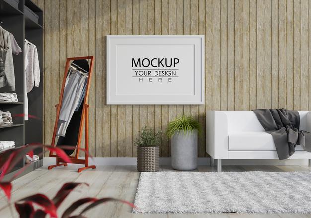 Free Poster Frame In Living Room Mockup Psd