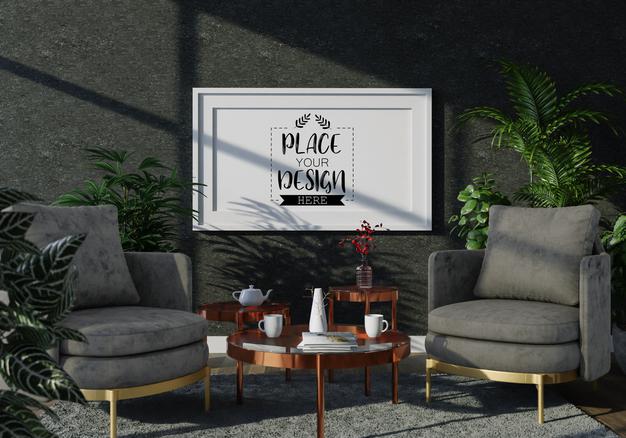 Free Poster Frame In Living Room Mockup Psd