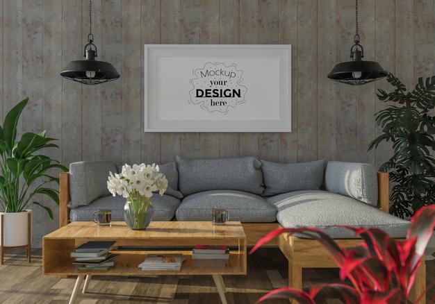 Free Poster Frame In Living Room Mockup Psd