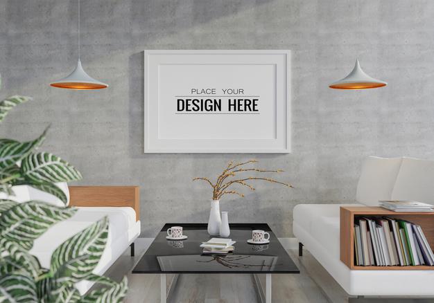 Free Poster Frame In Living Room Mockup Psd