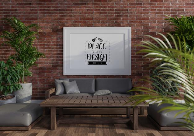 Free Poster Frame In Living Room Mockup Psd