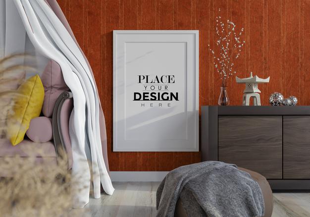 Free Poster Frame In Living Room Mockup Psd