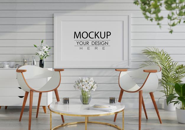 Free Poster Frame In Living Room Mockup Psd