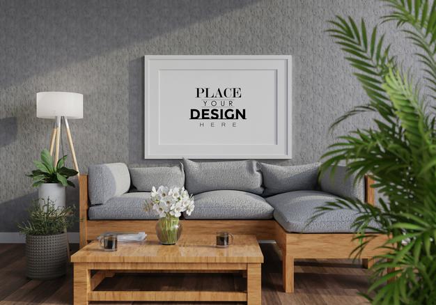 Free Poster Frame In Living Room Mockup Psd