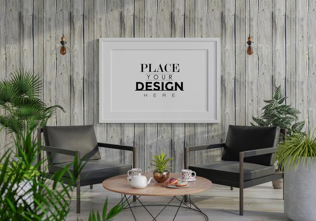 Free Poster Frame In Living Room Mockup Psd