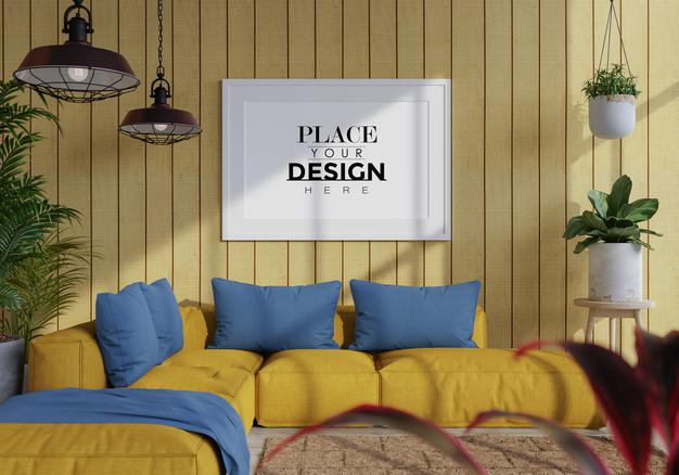 Free Poster Frame In Living Room Mockup Psd