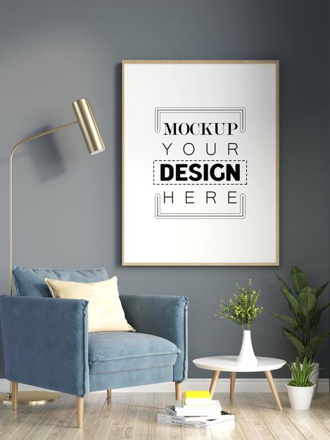 Free Poster Frame In Living Room Mockup Psd