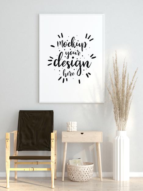 Free Poster Frame In Living Room Mockup Psd