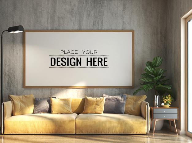 Free Poster Frame In Living Room Mockup Psd