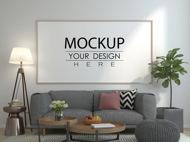 Free Poster Frame In Living Room Mockup Psd