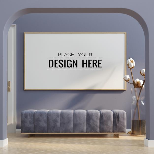 Free Poster Frame In Living Room Mockup Psd