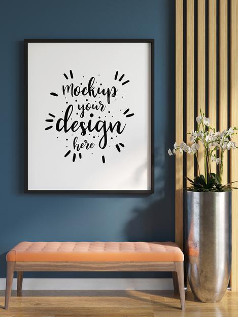 Free Poster Frame In Living Room Mockup Psd