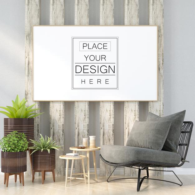 Free Poster Frame In Living Room Mockup Psd