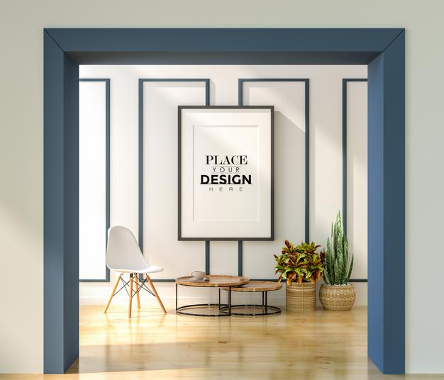 Free Poster Frame In Living Room Mockup Psd