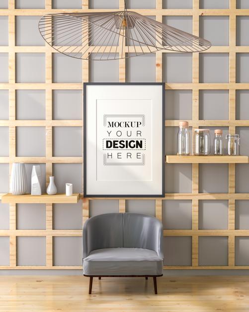 Free Poster Frame In Living Room Mockup Psd