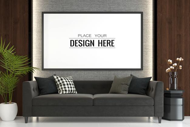 Free Poster Frame In Living Room Psd Mockup Psd