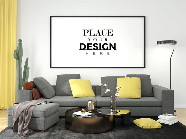 Free Poster Frame In Living Room Psd Mockup Psd