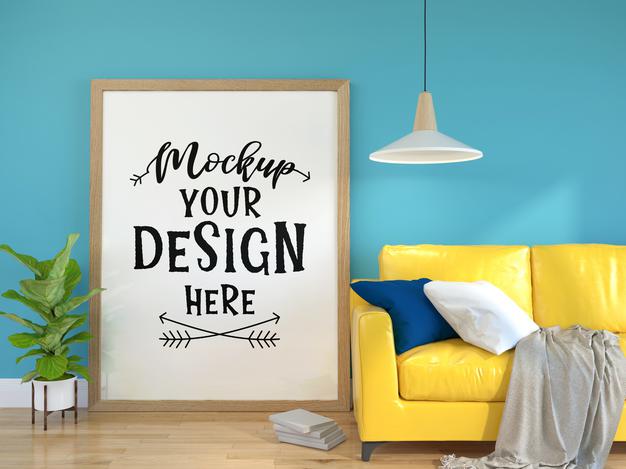 Free Poster Frame In Living Room Psd Mockup Psd