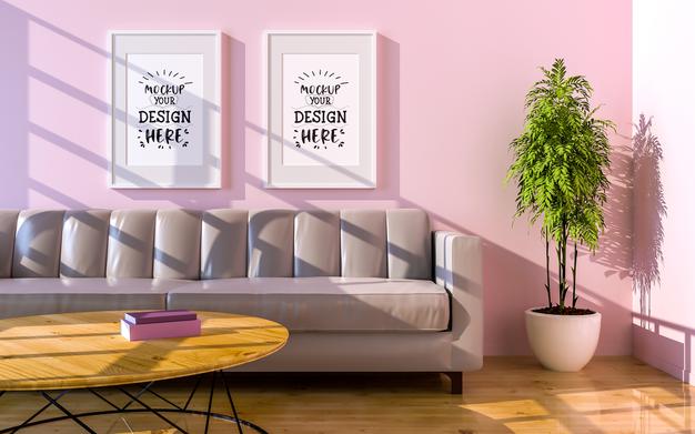 Free Poster Frame In Living Room Psd Mockup Psd