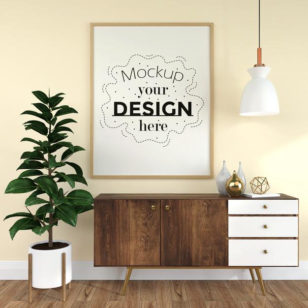 Free Poster Frame In Living Room Psd Mockup Psd