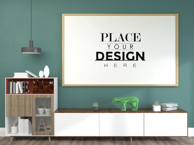 Free Poster Frame In Living Room Psd Mockup Psd