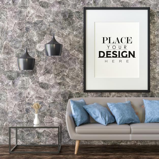 Free Poster Frame In Living Room Psd Mockup Psd