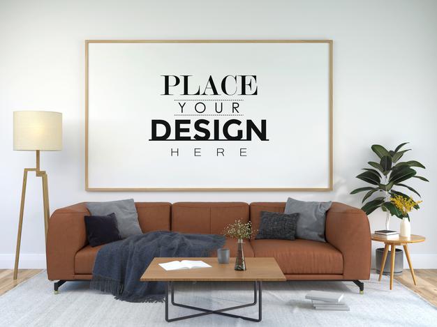 Free Poster Frame In Living Room Psd Mockup Psd