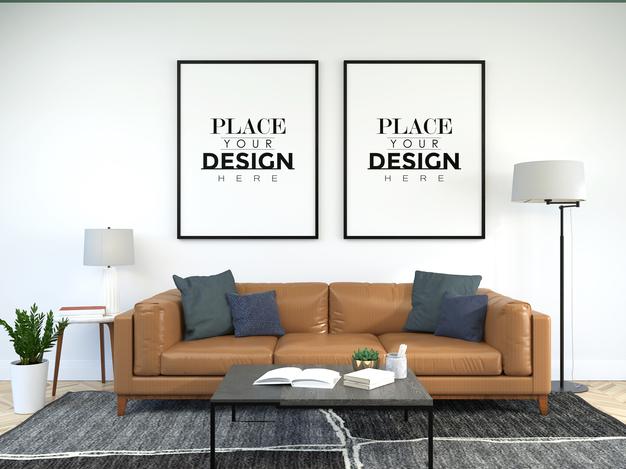 Free Poster Frame In Living Room Psd Mockup Psd