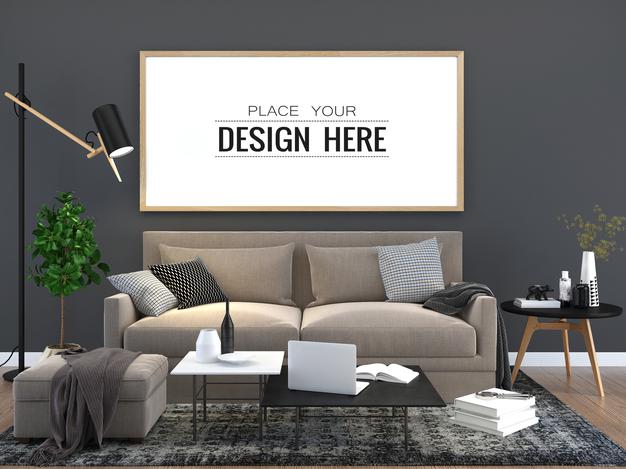 Free Poster Frame In Living Room Psd Mockup Psd