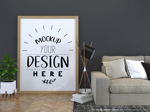 Free Poster Frame In Living Room Psd Mockup Psd