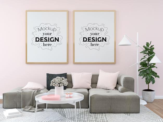 Free Poster Frame In Living Room Psd Mockup Psd