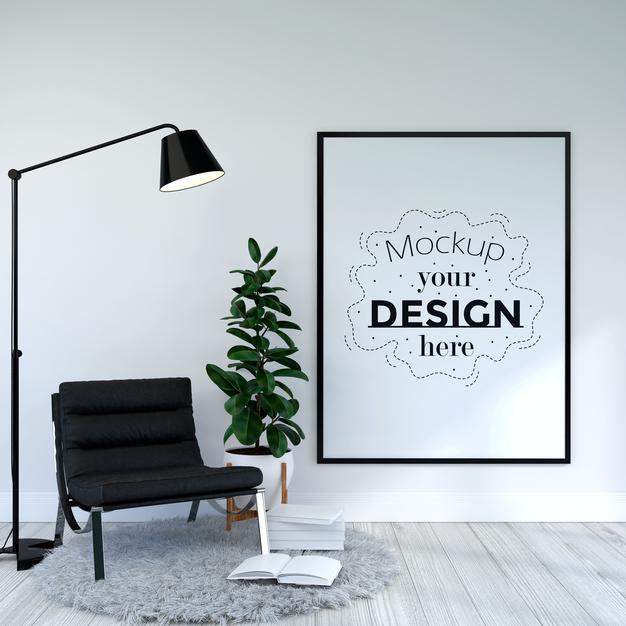 Free Poster Frame In Living Room Psd Mockup Psd