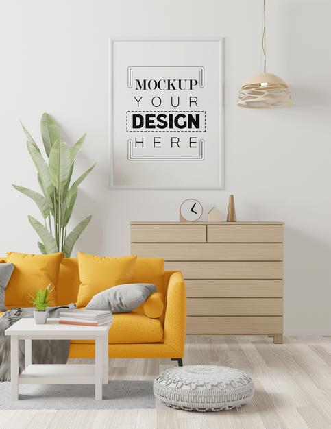 Free Poster Frame In Living Room Psd Mockup Psd