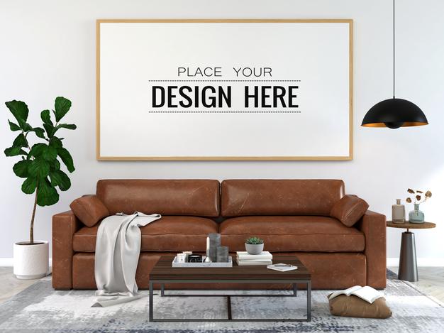 Free Poster Frame In Living Room Psd Mockup Psd