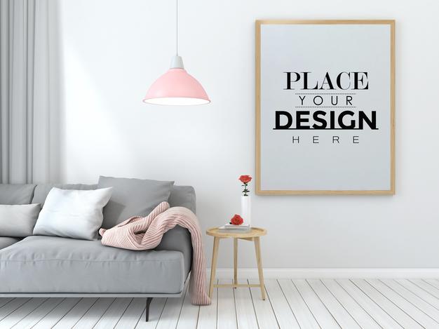 Free Poster Frame In Living Room Psd Mockup Psd