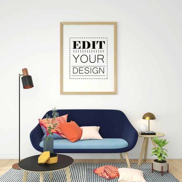 Free Poster Frame In Living Room Psd Mockup Psd