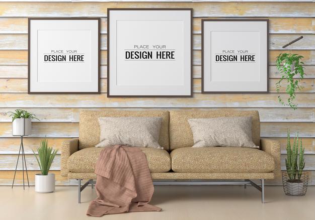 Free Poster Frame In Living Room Psd Mockup Psd