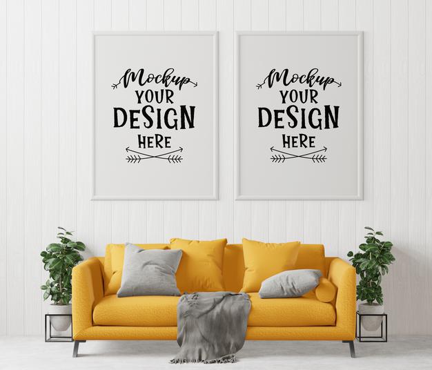 Free Poster Frame In Living Room Psd Mockup Psd