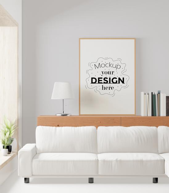 Free Poster Frame In Living Room Psd Mockup Psd