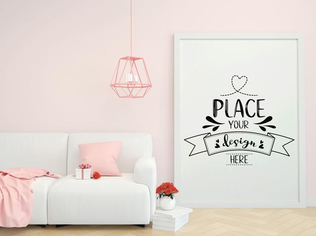 Free Poster Frame In Living Room Psd Mockup Psd