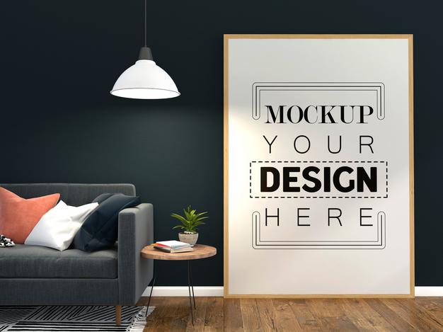 Free Poster Frame In Living Room Psd Mockup Psd