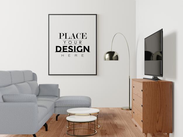 Free Poster Frame In Living Room Psd Mockup Psd