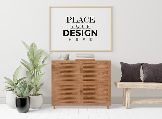 Free Poster Frame In Living Room Psd Mockup Psd