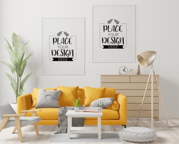 Free Poster Frame In Living Room Psd Mockup Psd