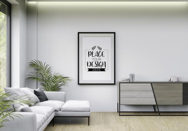 Free Poster Frame In Living Room Psd Mockup Psd