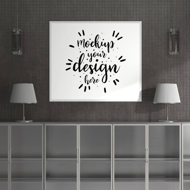 Free Poster Frame In Living Room Psd Mockup Psd