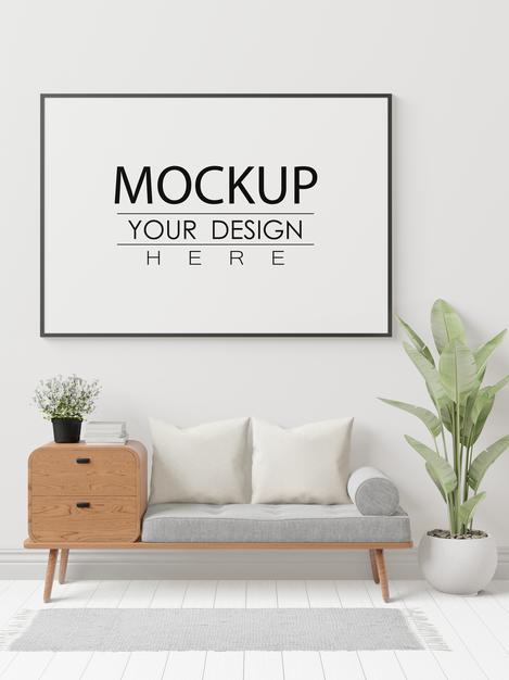 Free Poster Frame In Living Room Psd Mockup Psd